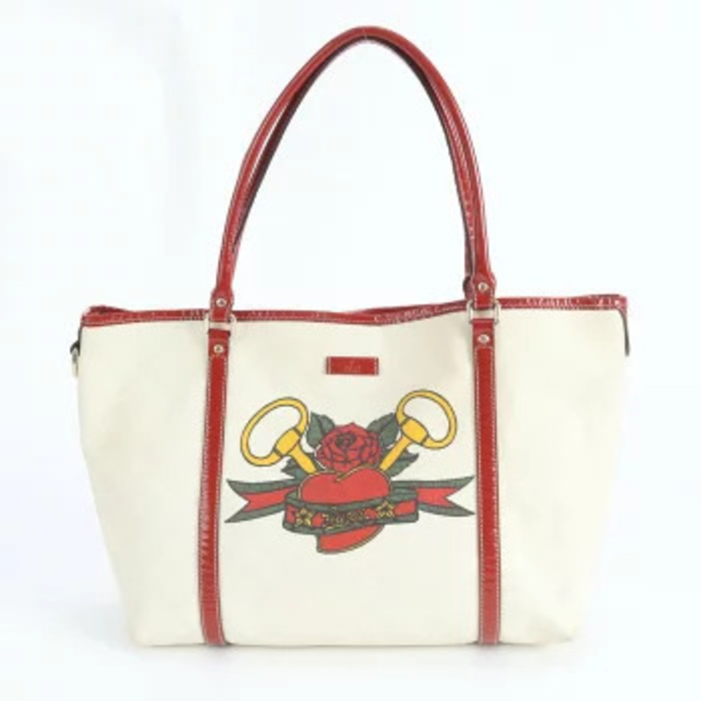 Gucci GG Supreme Tattoo Heart Leather Tote Bag Shoulder Handbag RUM